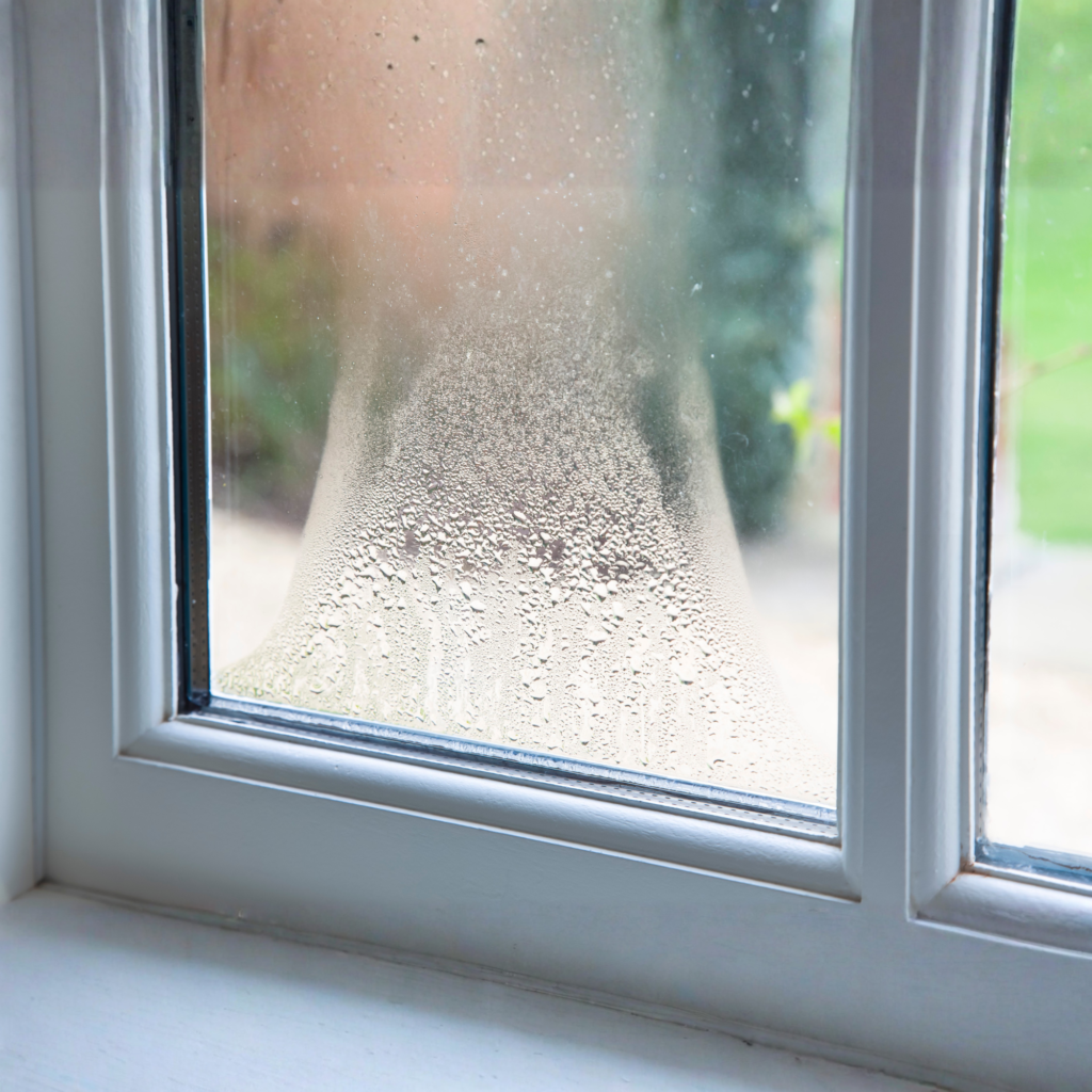 Condensation inside double-glazed window, sign of seal failure.