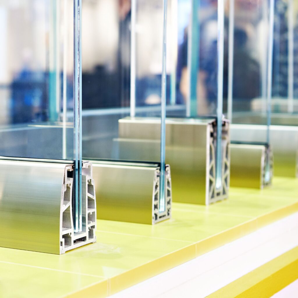 Cross-section of glass panels in metal profiles on display.