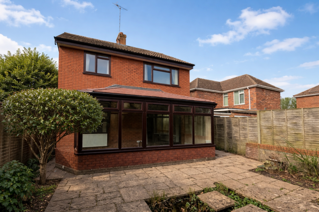 Rear of red brick house with conservatory and paved patio.